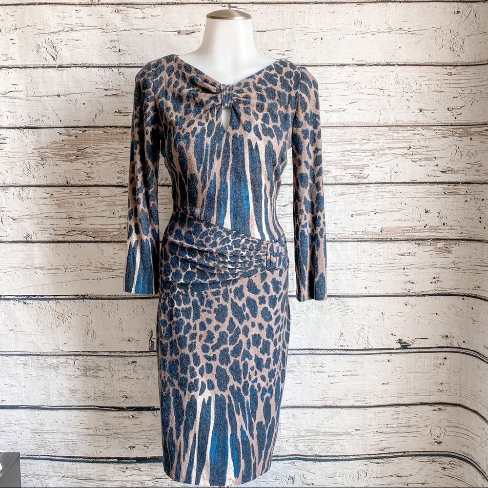 Cache Womens cocktail sweater dress with animal print
